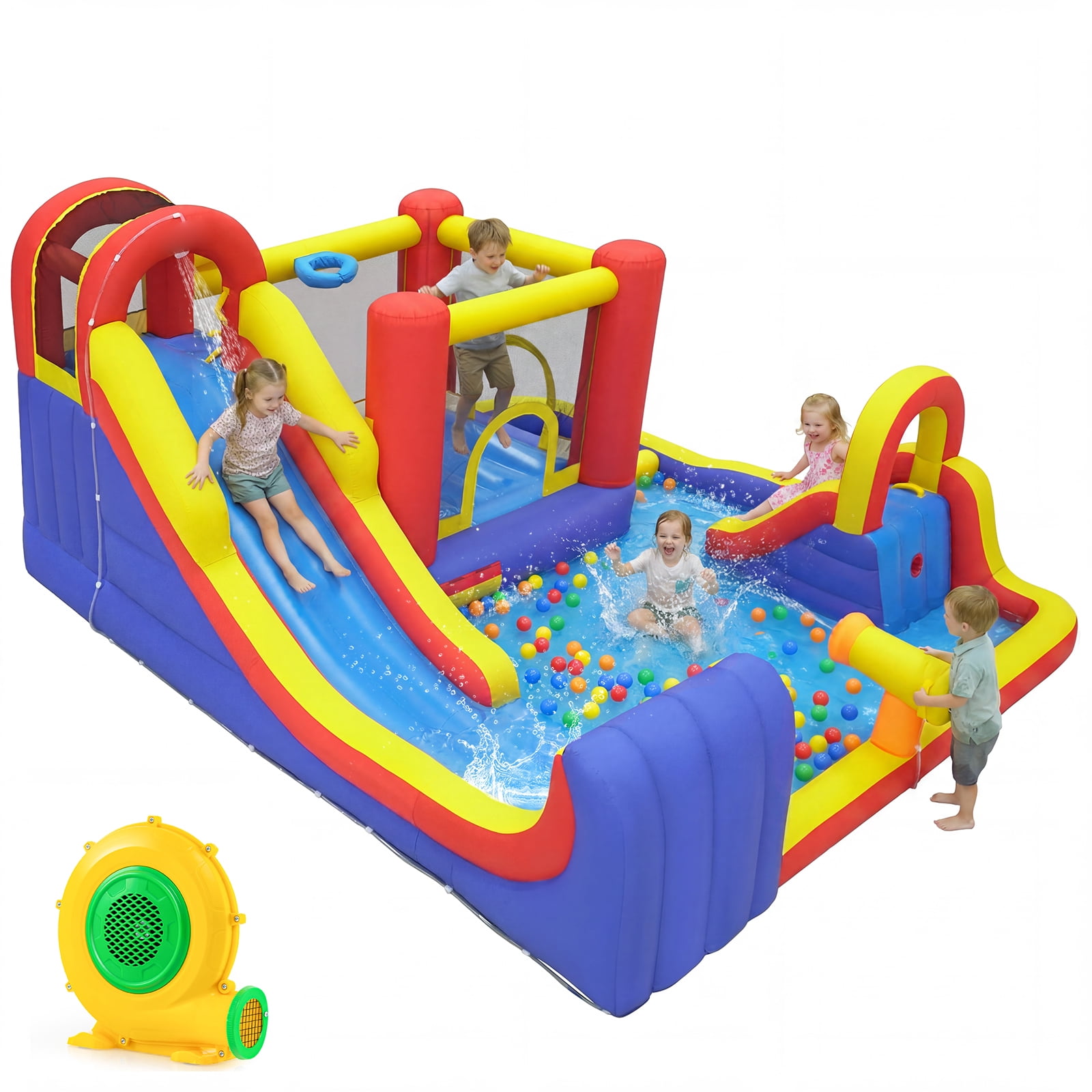 Gymax Inflatable Water Slide 7-in-1 Outdoor Bounce House w/ Dual Slides Splash Pool Water Cannon Climbing Wall & Basketball Hoop Blow-up Kids Bouncer for Backyard Party 680W Blower Included