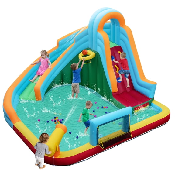 Gymax Inflatable Water Slide Park 6-in-1 Giant Bounce House w/Long Slide Splash Pool
