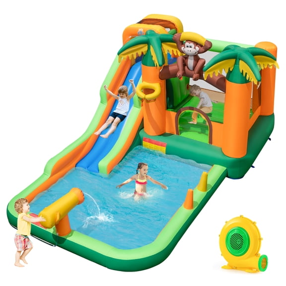 Gymax Inflatable Water Slide Park Monkey Bounce House Splash Pool w/ 735W Blower Multi-color