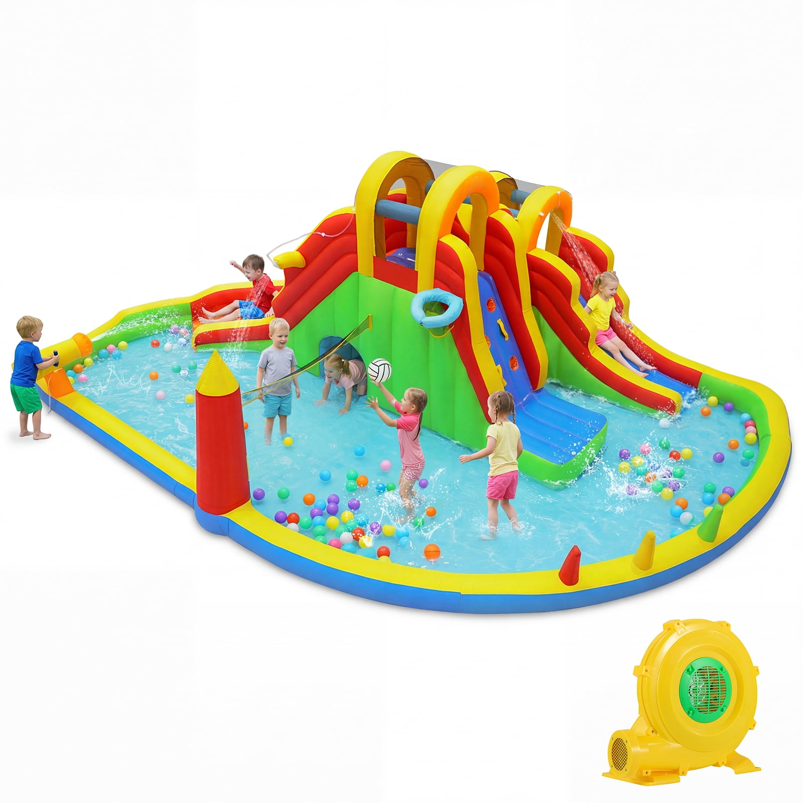 Gymax Inflatable Water Slide Park w/2 Long Slides Climbing Walls Splash Pool Blower