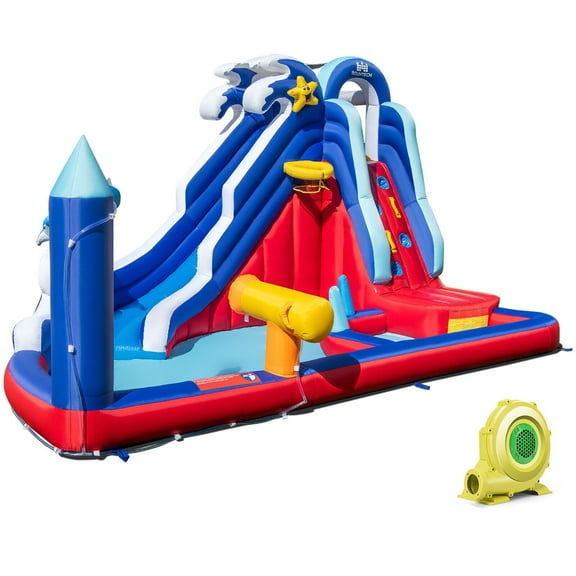 Gymax Inflatable Water Slide Park w/735W Blower Slide 2 Splash Pools Climbing Wall