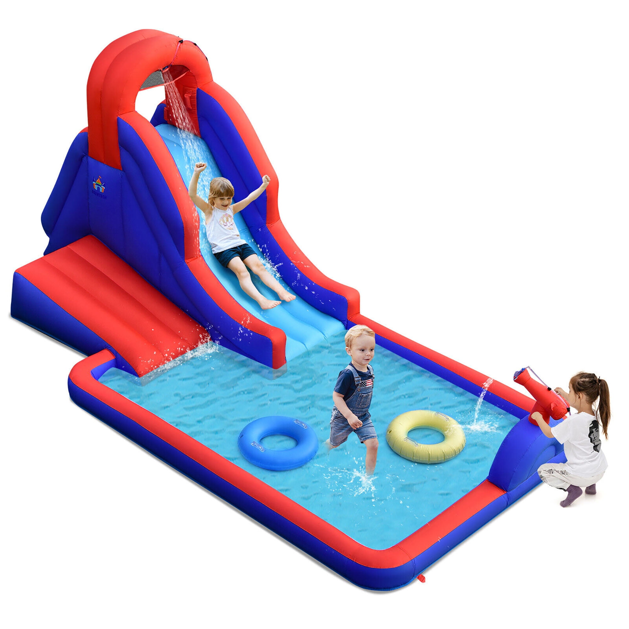 Gymax Double Splash Inflatable Water Slide Park with Climb, Pool & 2 Swim Rings, Blower Not