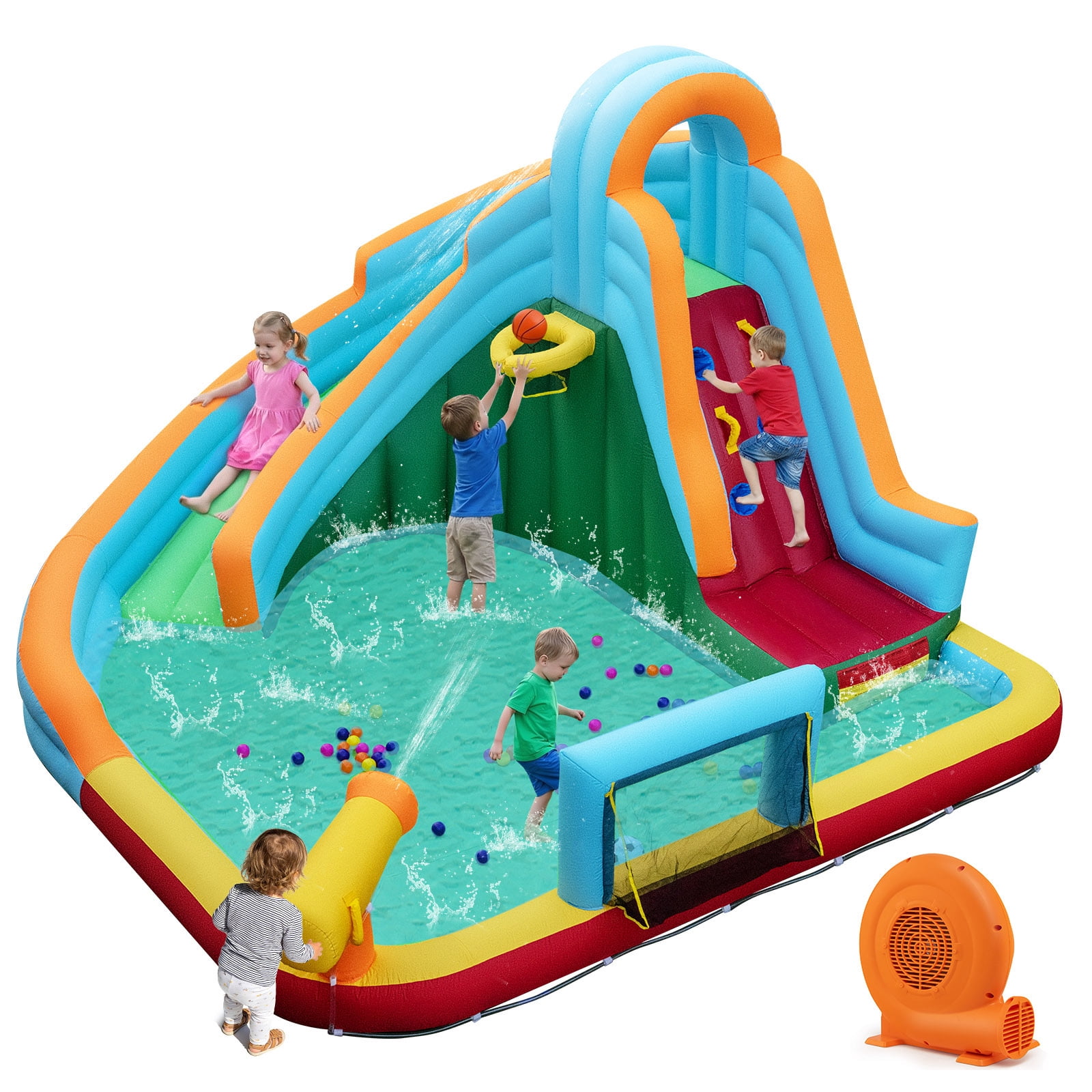 Gymax Inflatable Water Slide Park w/Long Slide Splash Pool Climbing Wall 750W Blower