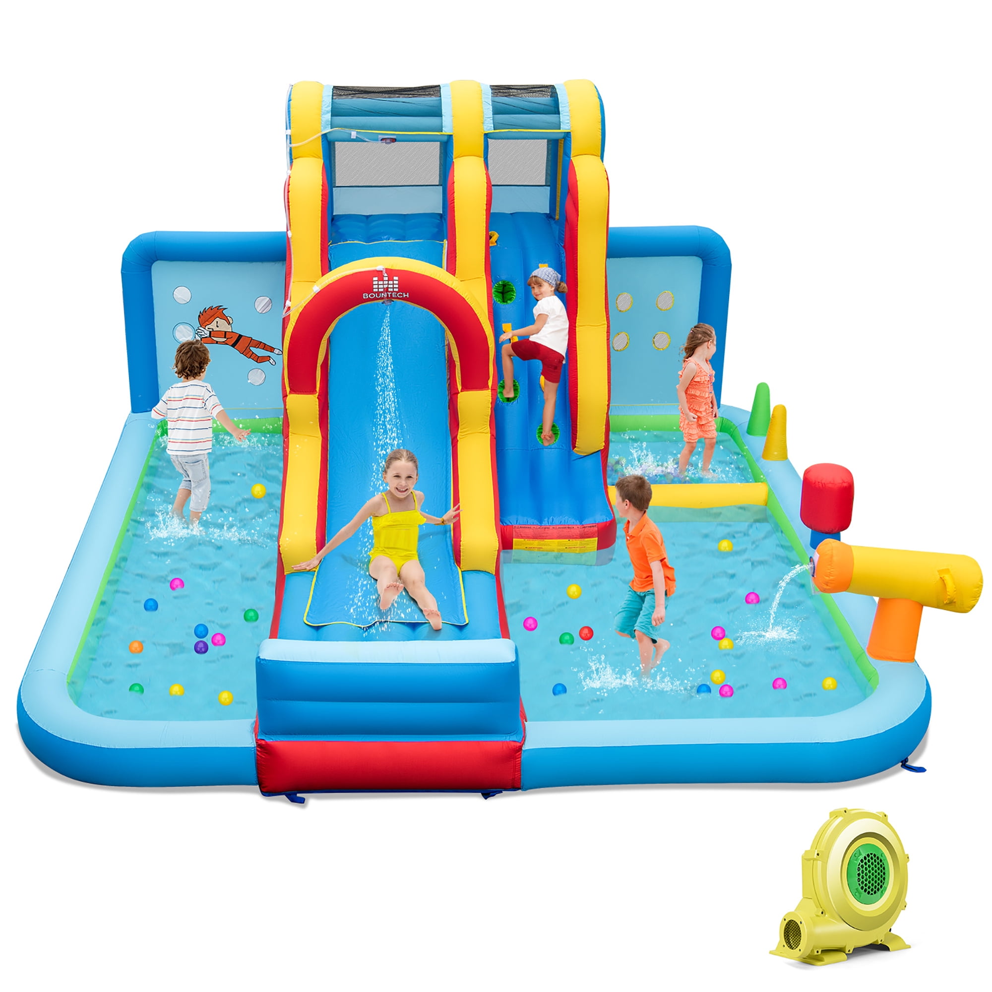 Gymax Inflatable Water Slide w/ Long Slide Climbing Wall Splash Pools w/ 735W Blower