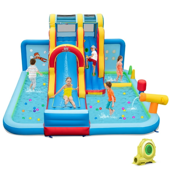 Gymax Inflatable Water Slide w/ Long Slide Climbing Wall Splash Pools w/ 735W Blower