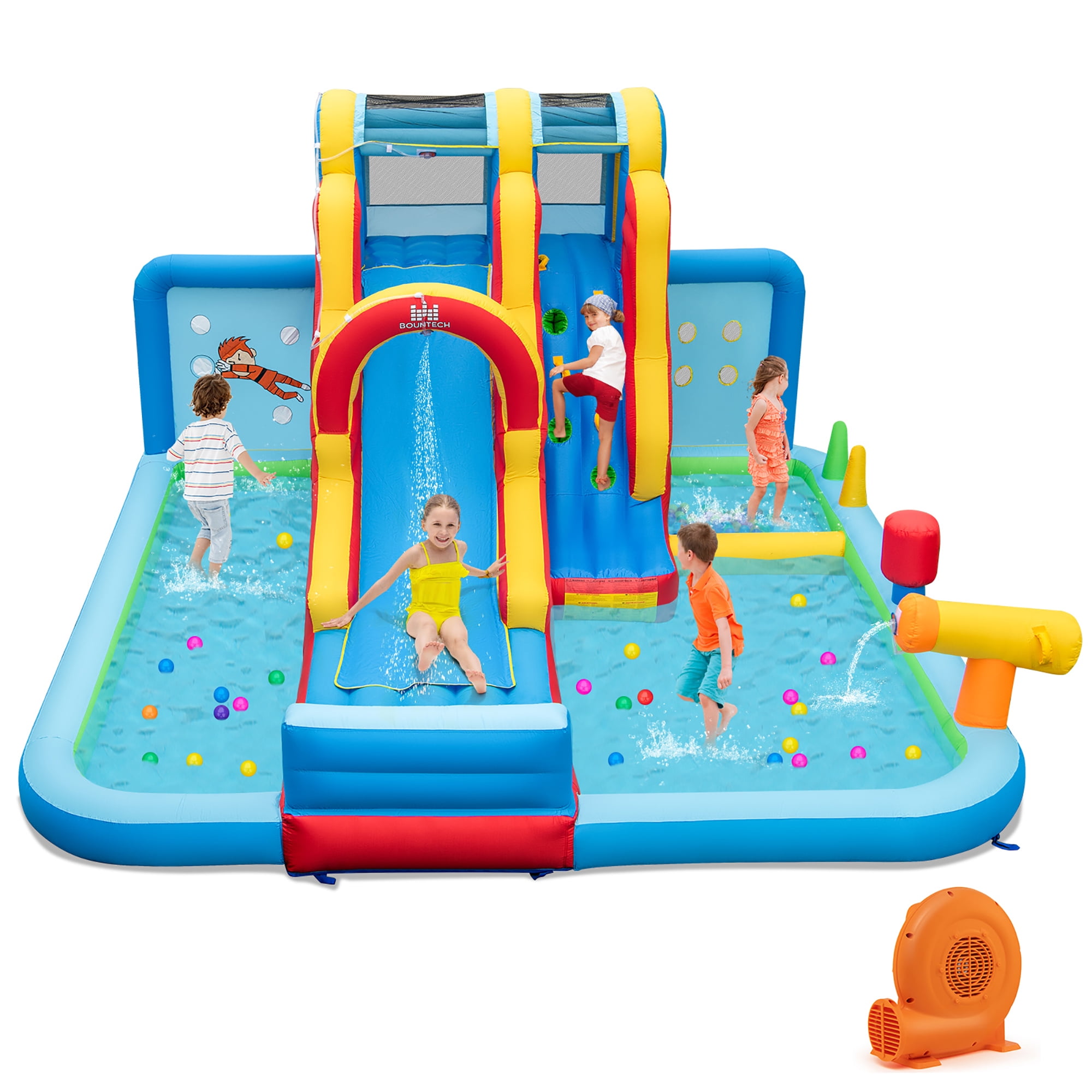 Gymax Inflatable Water Slide w/ Long Slide Climbing Wall Splash Pools w/ 950W Blower