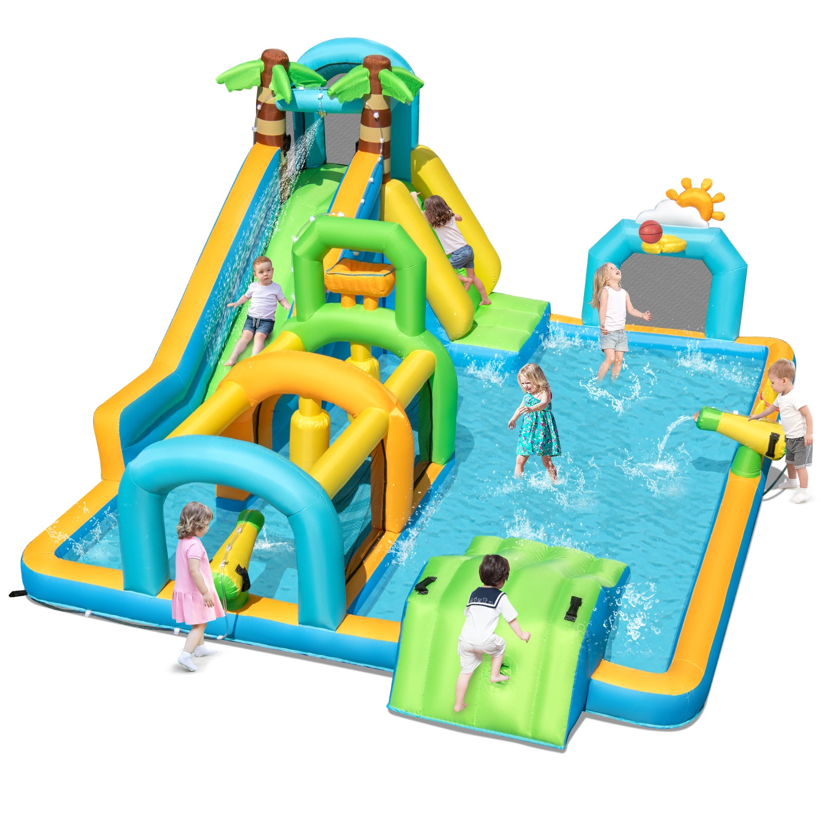 Gymax Inflatable Water Slide w/Splash Pool Climbing Wall Football Goal Blower Excluded