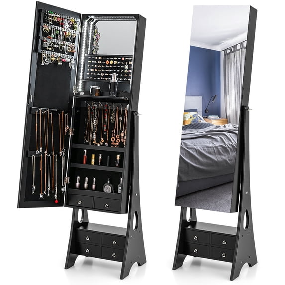 Gymax Jewelry Cabinet Armoire Full Length LED Mirror W/ 6 Drawers & Makeup Shelf Black