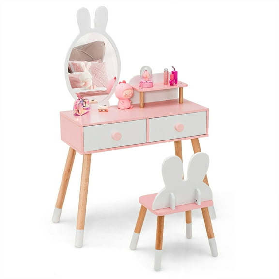 Gymax Kid Vanity Set Makeup Table Stool with Drawer Shelf Wood Leg Rabbit Mirror White