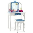 thumbnail image 1 of Gymax Kid Vanity Set Wooden Makeup Table Stool Tri-Folding Mirror Snowflake Print Blue, 1 of 10