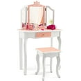 thumbnail image 1 of Gymax Kid Vanity Set Wooden Makeup Table Stool Tri-Folding Mirror Snowflake Print Pink, 1 of 10
