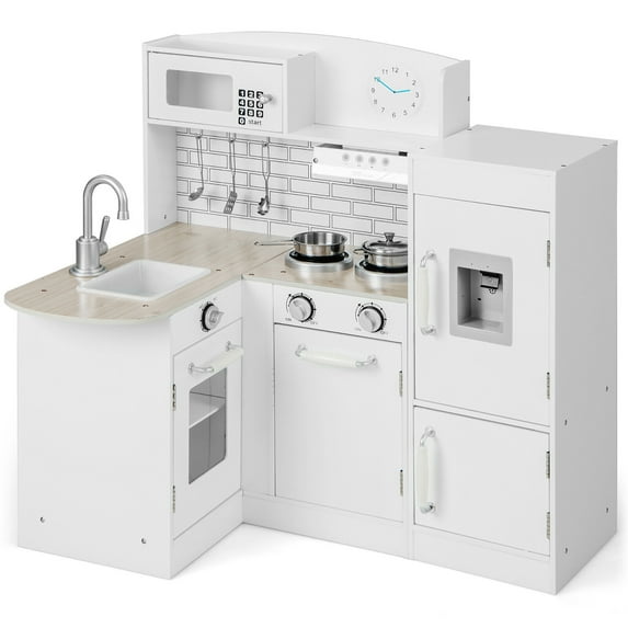 Gymax Kid's Corner Kitchen Playset Wooden Chef Play w/ Sink Stove Range Hood Utensils