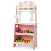 Gymax Kid's Farmers Market Stand Wooden Grocery Store Set w/ Cutting Veggies & Fruits Pink