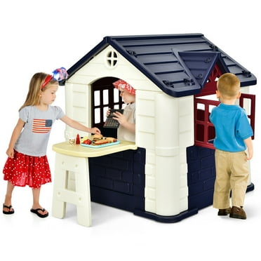 Gymax Kid's Playhouse Games Cottage w/ 7 PCS Toy Set & Waterproof Cover Blue