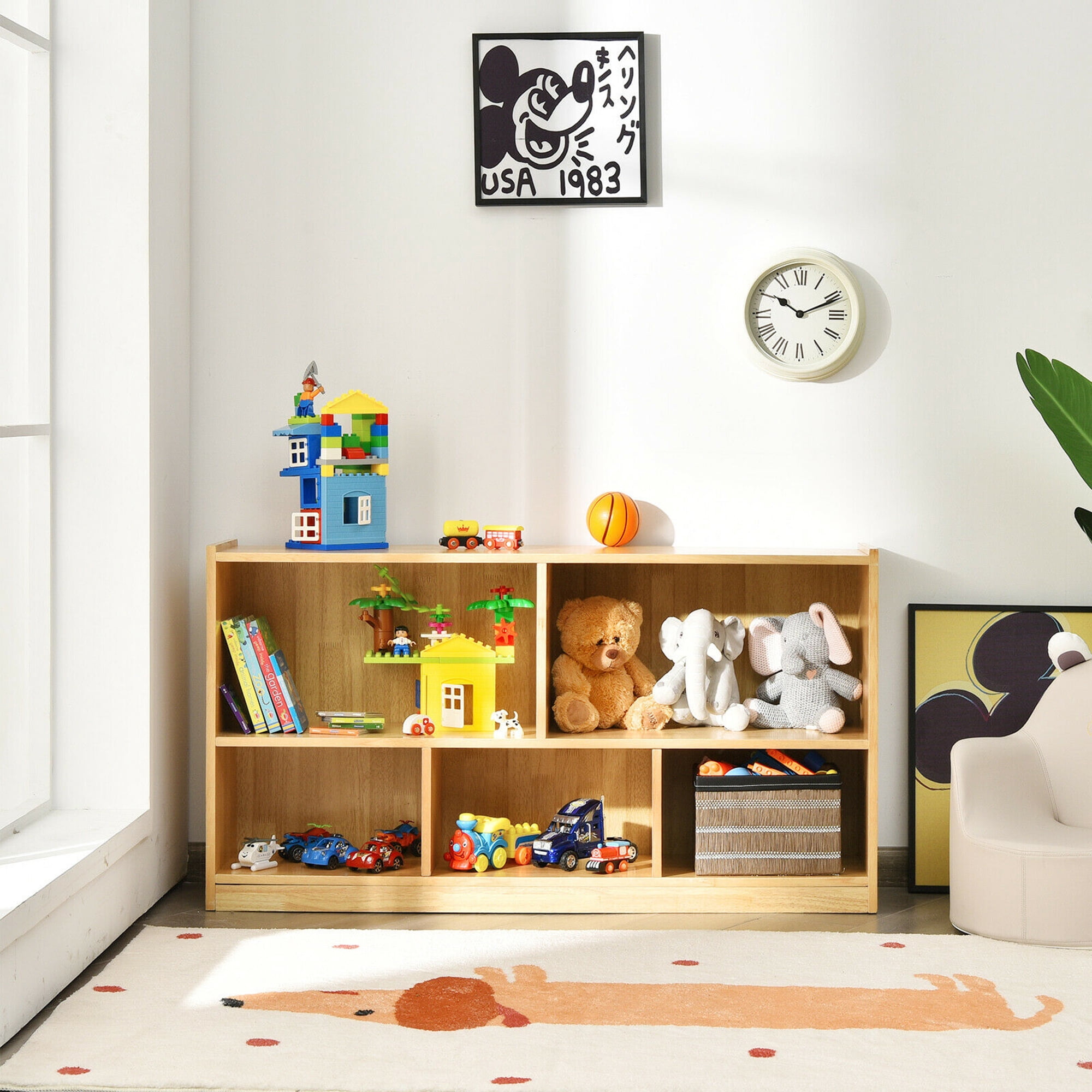 Gymax Kids 2-Shelf Wood Bookcase Organizer 5-Cube Storage Cabinet Natural