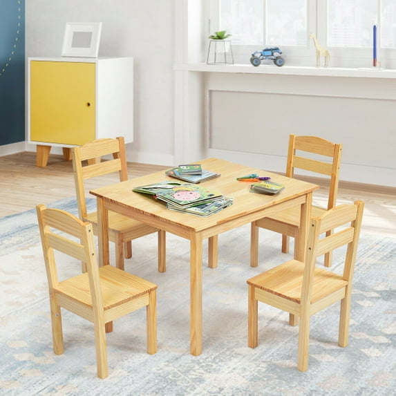 Gymax Kids 5 Piece Table Chair Set Pine Wood Children Play Room Furniture Natural
