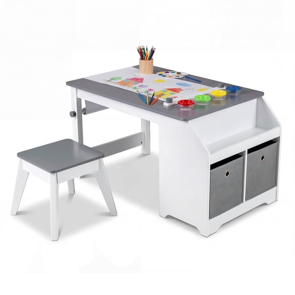 Gymax Kids Art Table & Stool w/Paper Roll 2 Bins & Large Storage for Drawing Reading