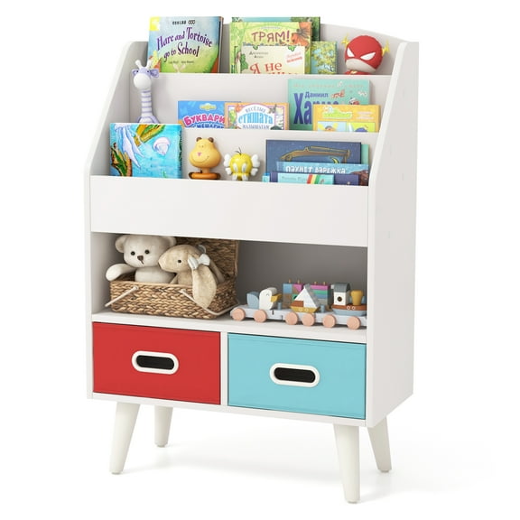 Gymax Kids Bookshelf w/3-Tier Bookshelves Open Compartment & 2 Foldable Fabric Drawers
