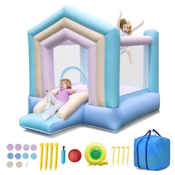 Gymax Kids Bounce House w/ Slide Basketball Rim Manual Pump 480W Blower Included