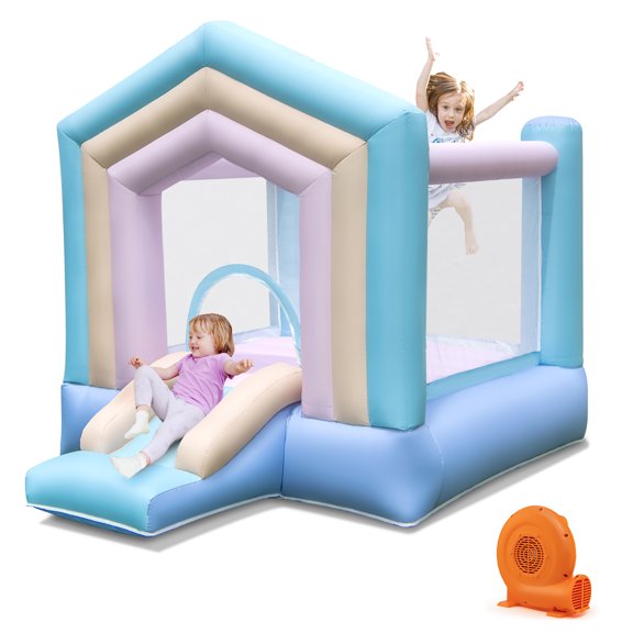 Gymax Kids Bounce House with Slide Basketball Rim Manual Pump 380W Blower Included