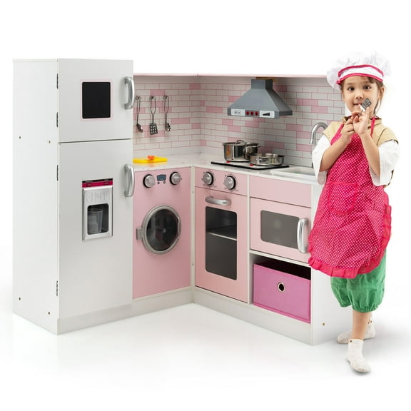 Gymax Kids Corner Kitchen Play Set w/ Lifelike Sound & Sparkling Light Gift for Age 3+