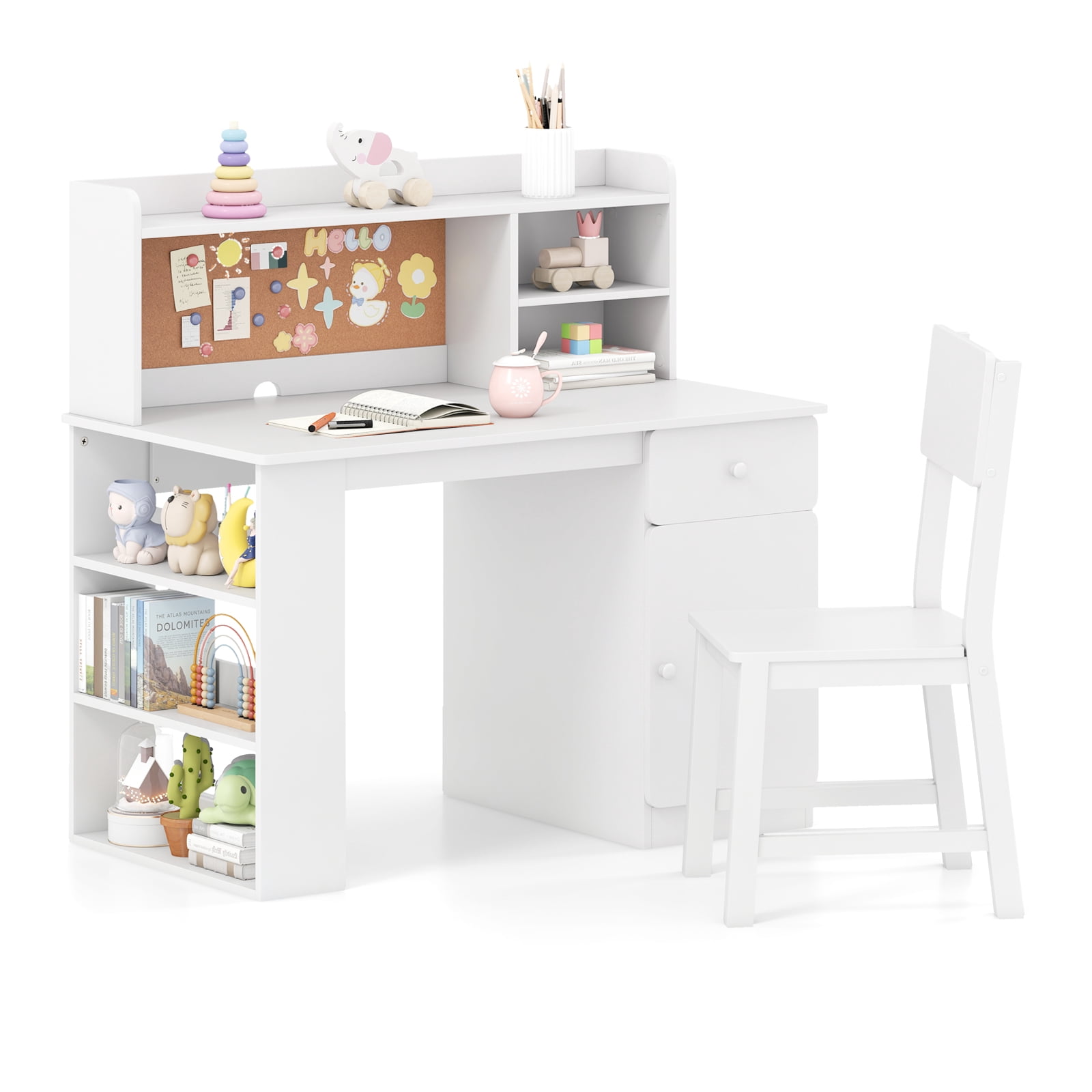 Gymax Kids Desk & Chair Set w/Chair Hutch 3-Layer Side Shelf