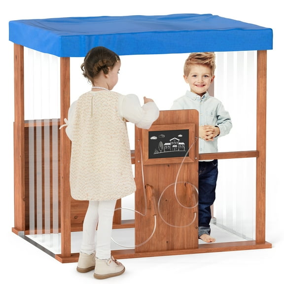 Gymax Kids Gas Station Playhouse w/ Gas Refueling Guns Chalkboards & Storage Shelves