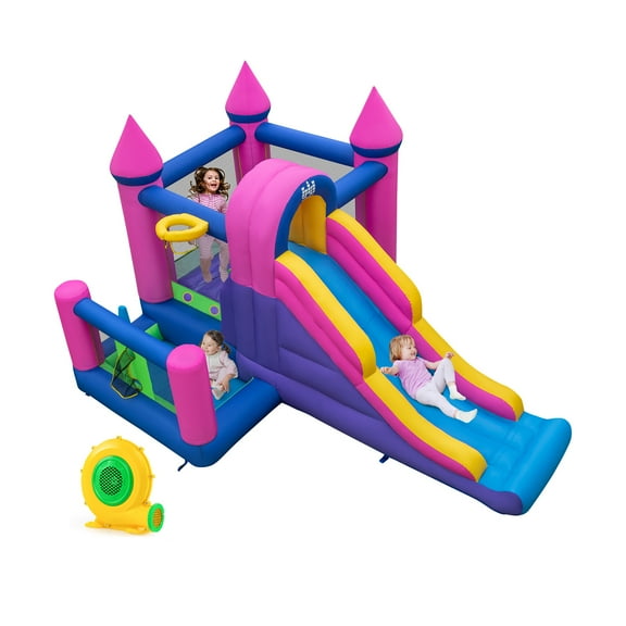 Gymax Kids Inflatable Bounce Castle 7-in-1 Jumping House w/ Long Slide & 735W Blower