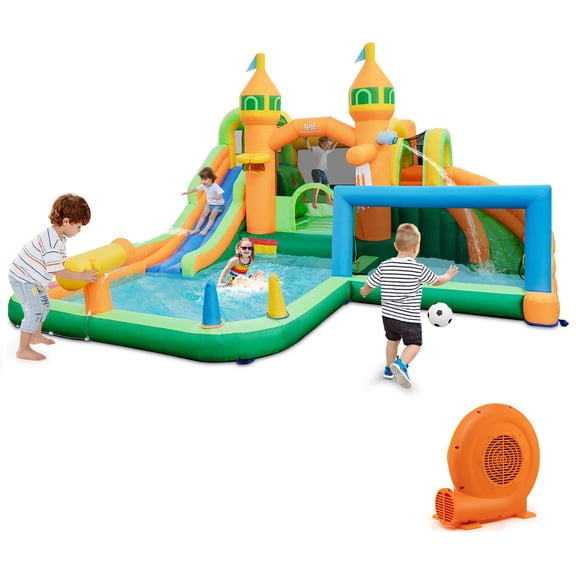 Gymax Kids Inflatable Water Slide Park w/680W Blower Basketball Rim Wet Dry Combo