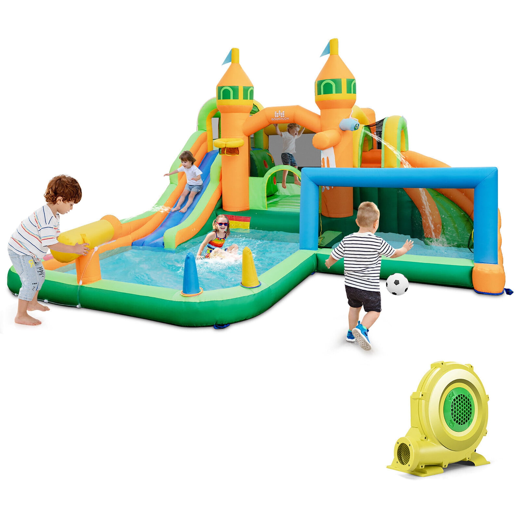 Gymax Kids Inflatable Water Slide Park w/735W Blower Basketball Rim Wet Dry Combo