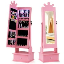 Gymax Kids Jewelry Armoire w/3-Color Lighted Full Length Mirror & Inside Led Lights Pink