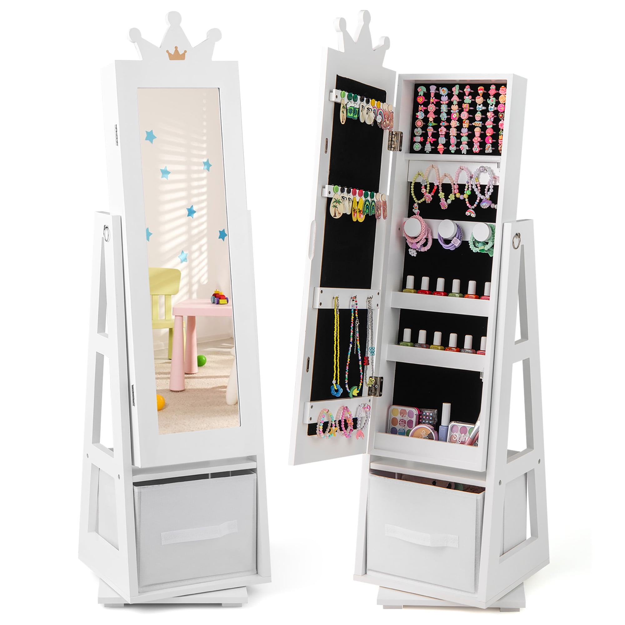 White MDF Kids Jewelry Armoire Cabinet with Mirror and Storage