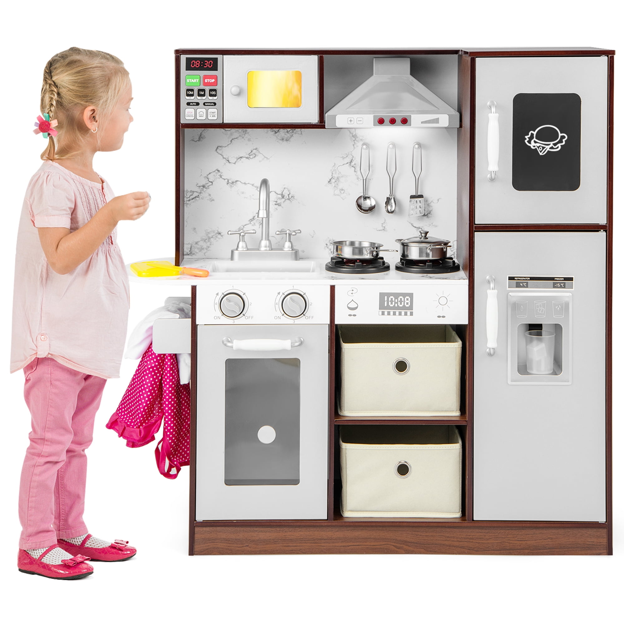 Qaba Kids Corner Play Kitchen With Lights, Sounds & Chalkboard | Includes Ice Maker, Sink & Pots, For Ages 3+