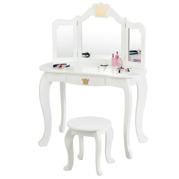 Gymax Kids Makeup Dressing Table Chair Set Princess Vanity & Tri-folding Mirror White