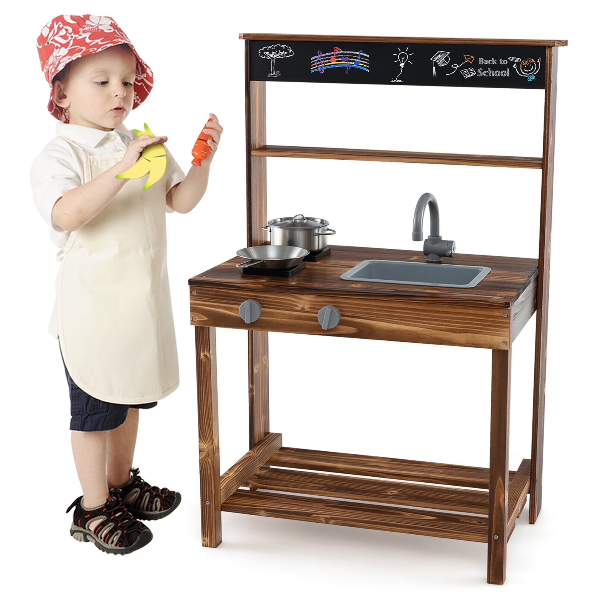 Gymax Kids Mud Kitchen Play Kitchen w/ Blackboard Stoves Removable