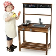 Gymax Kids Mud Kitchen Play Kitchen w/ Blackboard Stoves Removable Sink Natural