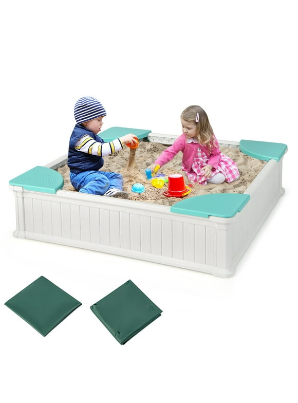 Gymax Kids Outdoor Sandbox 48.5'' x 48.5'' x 12.5'' Large HDPE Sandpit with Oxford Cover White