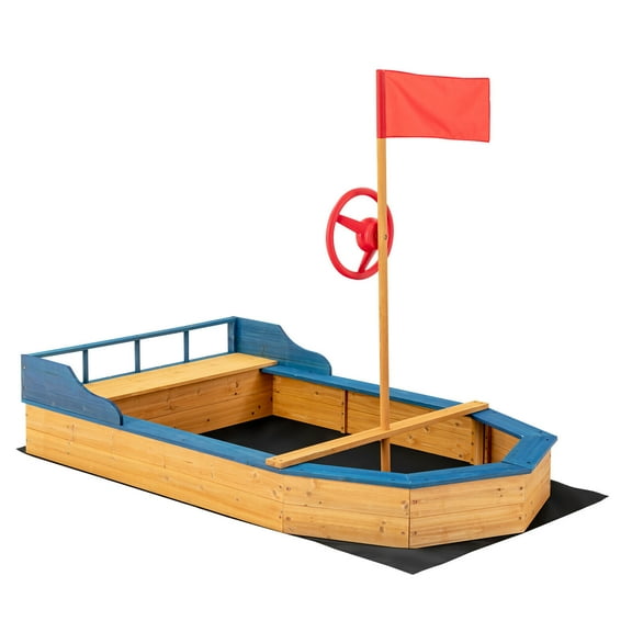 Gymax Kids Pirate Boat Wood Sandbox w/ Storage Box & Non-Woven Fabric Liner