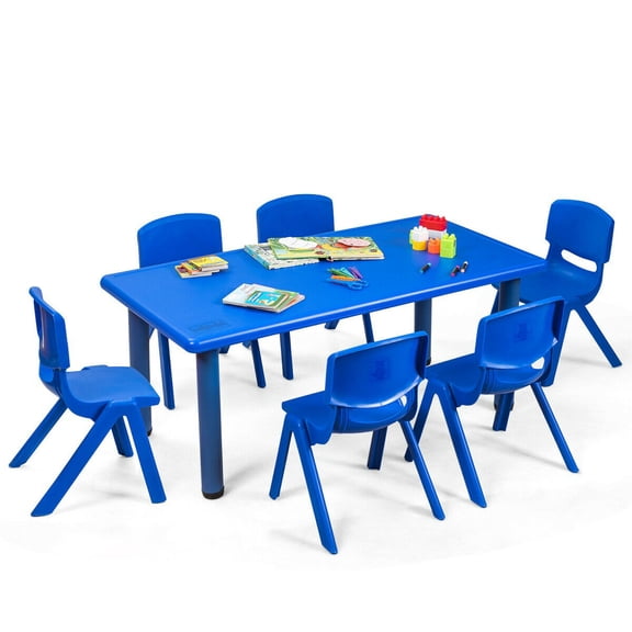 Gymax Kids Plastic Table and Stackable Chairs Set Indoor/Outdoor Classroom Home Blue