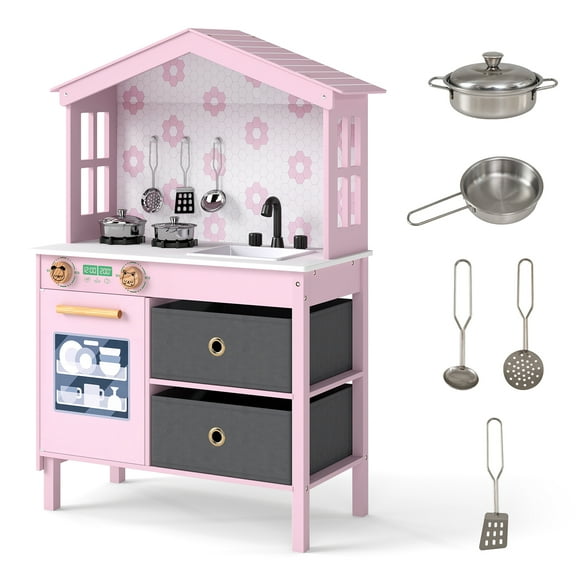 Gymax Kids Play Kitchen w/2 Stoves Rotation Knobs Faucet Sink Dishwasher Drawers