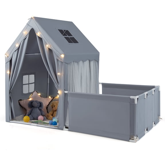 Gymax Kids Play Tent w/Playpen Yard Door Curtains Windows Star Lights for Boys Girls Gray