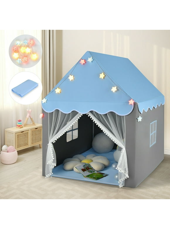 Gymax Kids Playhouse Tent Large Castle Fairy Tent Gift w/Star Lights Mat Blue