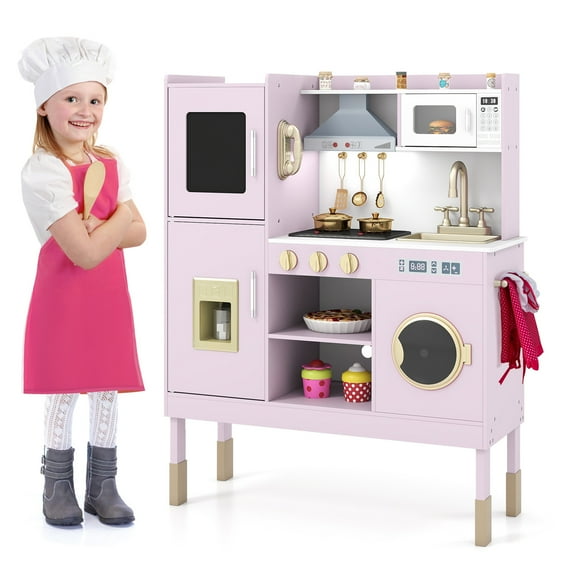 Gymax Kids Pretend Kitchen Play Set Toddler Toy Wooden Chef Height Adjustable w/Sounds Multicolor