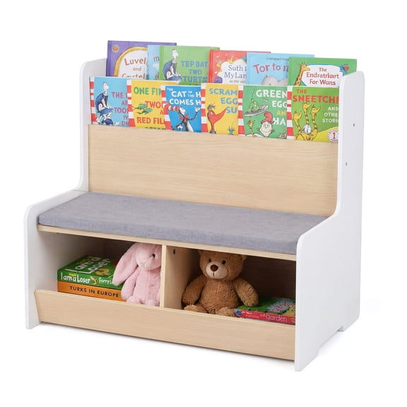 Gymax Kids Reading Nook w/Bench Bookshelf & 2 Cubbies Removable Padded Seat Cushion