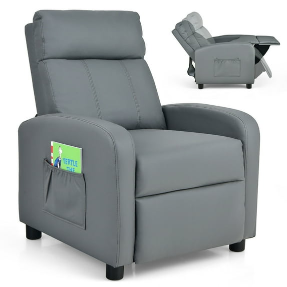 Gymax Kids Recliner Chair Adjustable Leather Sofa Armchair w/ Footrest Side Pocket Grey