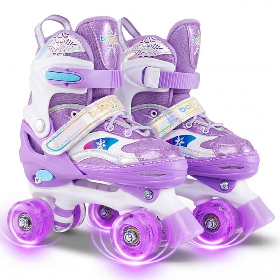 Gymax Kids Roller Skates 4 Sizes Adjustable Quad Skates w/Light-up Wheels for Ages 3-9 Purple
