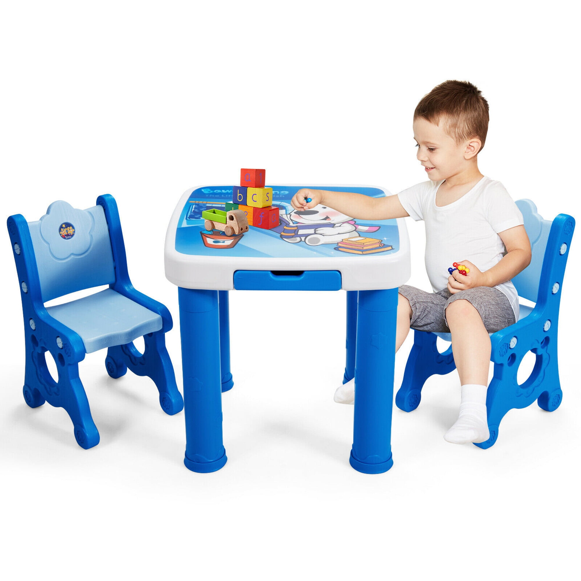 Gymax Kids Table & 2 Chairs Set Adjustable Activity Play Desk w/Storage Drawer Blue