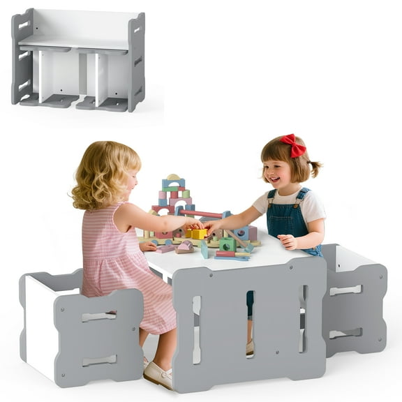 Gymax Kids Table & Chair Set 3-Piese Toddler Set w/2 Stools & Activity Table Gray Gray