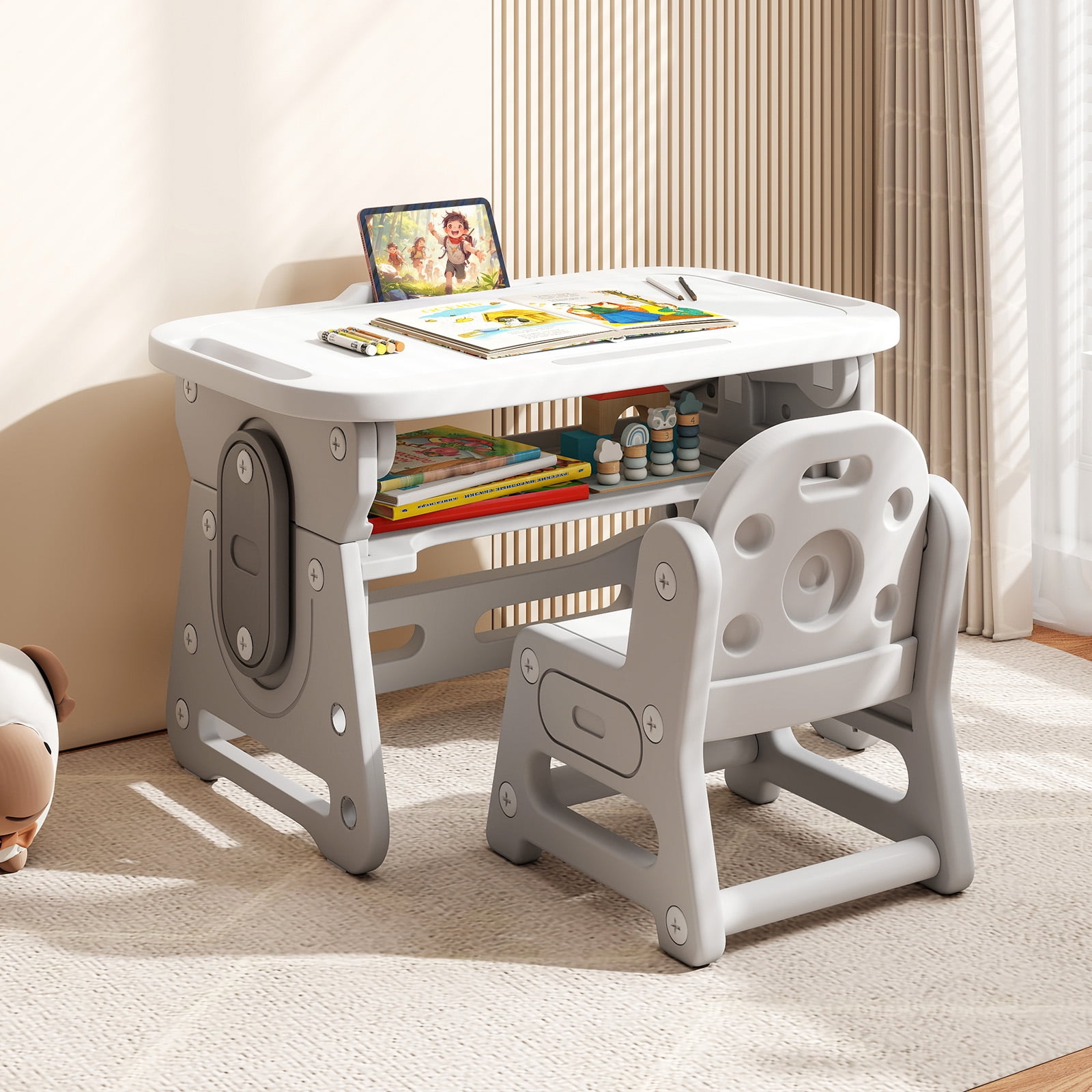 Gymax Kids Table & Chair Set Height Adjustable Toddler Drawing Table w/ Book Stand