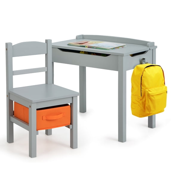 Gymax Kids Table and Chair Set Wood Activity Study Desk w/ Storage Drawer Hook Grey